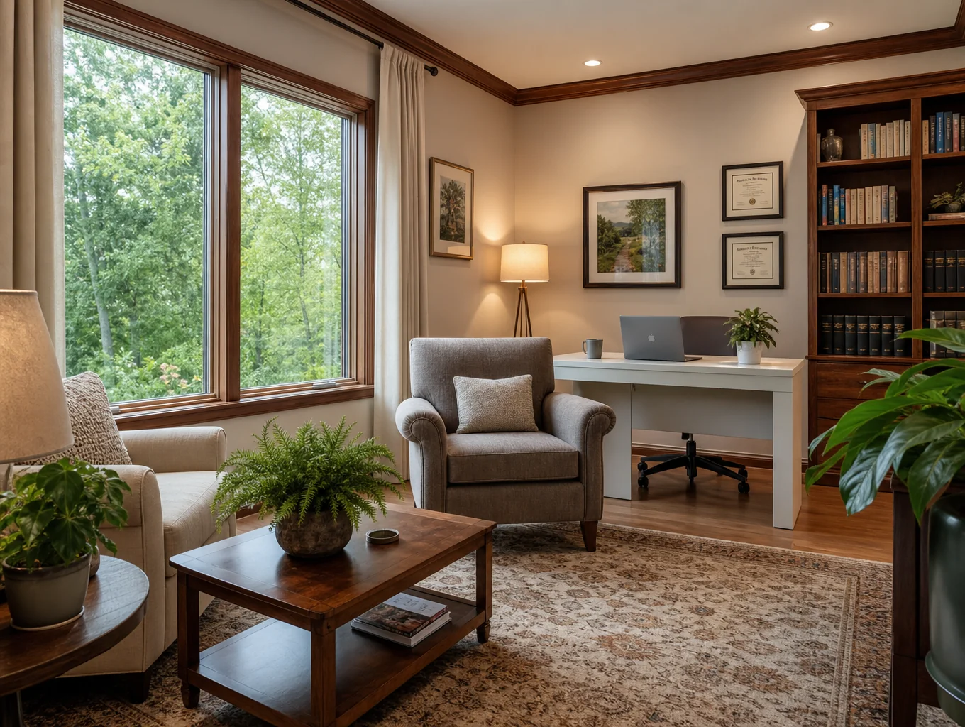 Calm therapy office with warm lighting and comfortable seating