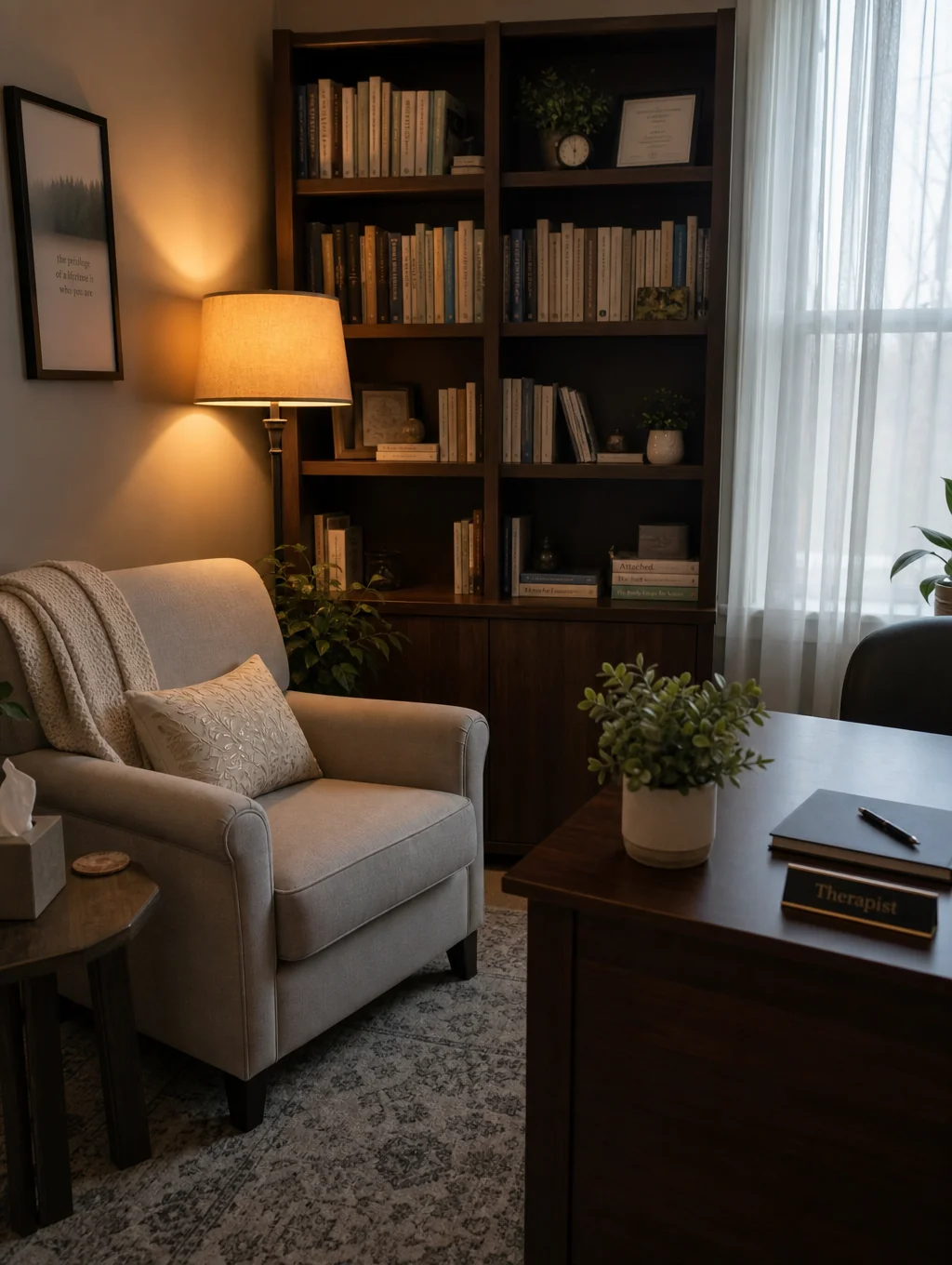 Curated collection of books and plants in a calm therapy studio